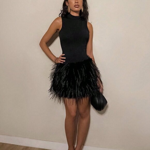 Black Casual Womens High-Necked Fur-Trimmed Dress - Picture 4 of 4